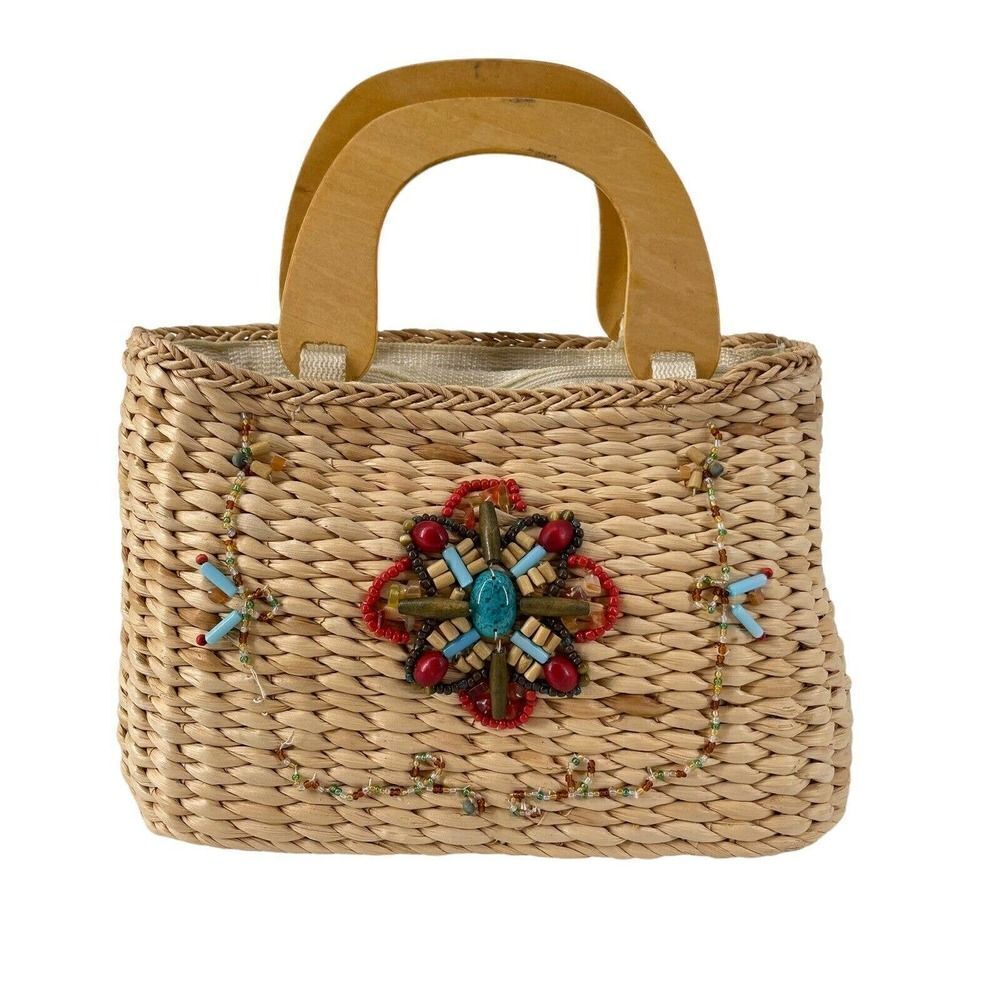 Bohemian Straw Purse Beaded Wood Top Handle Structured Boho Beach White Stag Bag